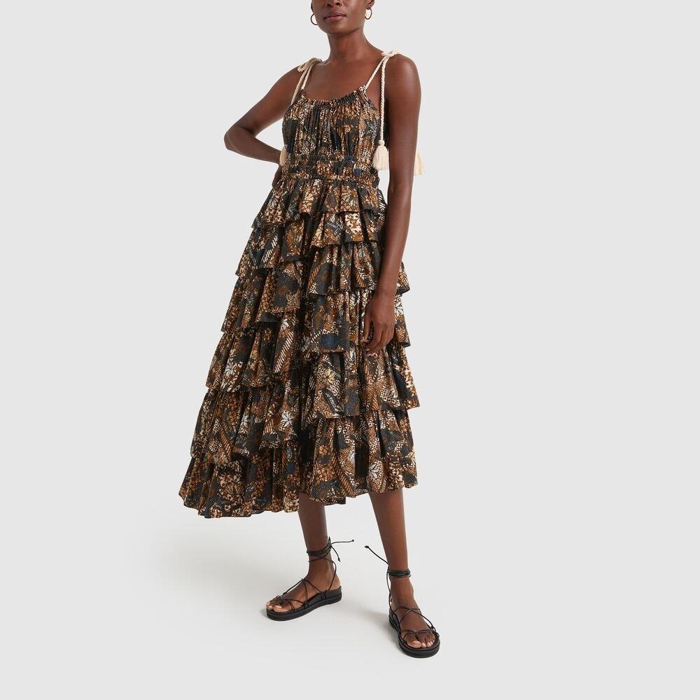 NWT JL Luxe XS (Ulla Johnson) Estela Tiered Ruffle Midi Dress Sundress Rope